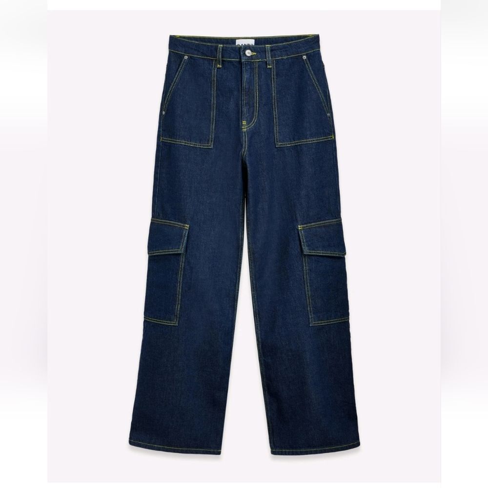Ganni Denim Angi Cargo Utility Baggy Relaxed Fit High Rise Jeans Size 29